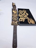 Overall shot showing a brown leather strap with buckle and multiple attached brass horse brasses next to a black tray holding additional loose brasses.