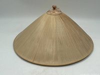 Full side view of the conical straw hat showing its gently curved peak and natural straw color.