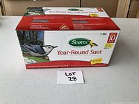Front of the Scotts Year-Round Suet box showing product branding, bird image, and number 10 pack indication.