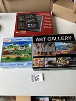 Photo of the puzzle sorter tray box, the 1000-piece panoramic puzzle box with farmhouse scene, and the Art Gallery 5 puzzle set box.