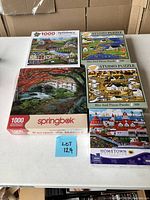 Overview of five puzzle boxes on table with lot number card