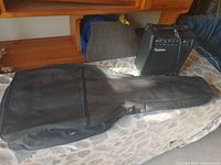 Soft black guitar carrying case and Typhoon amplifier on fabric surface with patterned floral print.