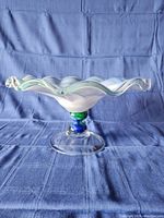 Blue and green glass decorative dish displayed on blue fabric with visible wavy scalloped edges and a swirl pattern inside.