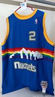Front view of blue Alex English Denver Nuggets jersey with rainbow and mountain graphics, NBA patch and #2 on chest.