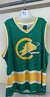 Front view of green NHL California Golden Seals retro alternate hockey tank with a large team logo on the chest, yellow and white striped V-neck and hem.