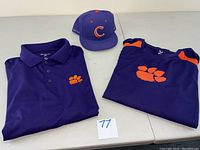 Group shot of the 3XL polo shirt, 2XL short sleeve shirt and Nike Omaha Clemson Tigers hat