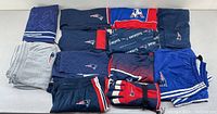 All items from the lot laid out on a white surface showing shorts, sweatpants, bathing suit, and gloves with Patriots logos and colors