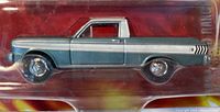 Side view of turquoise and white 1964 Ford Ranchero diecast model in original sealed blister packaging showing detailed miniature truck with chrome wheels.