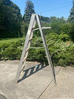 Aluminum step ladder opened and standing outdoors on concrete surface with garden in the background, showing front and side views with steps and platform visible.