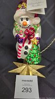 Front view of Radko Holly Day snowman ornament showing detailed facial features and colorful decorations.