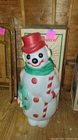 Full view of the illuminated snowman in front of its original box. Snowman has a red top hat, green scarf, and holds a candy cane and wreath.