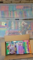 Two plastic storage totes filled with multiple VHS tapes mainly featuring Winnie The Pooh and other children's titles, plus one cardboard box with additional VHS tapes including Disney SingAlong Songs and Barbie movies.