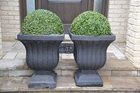 Pair of large matte black outdoor urns placed on stone steps, each with a round faux boxwood topiary inside, showing fluted sides and broad square base.