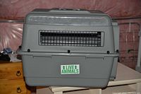 Photo of the closed grey plastic pet travel carrier showing wire vent on side and label 'Live Animals'
