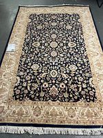 Full view of rug showing entire pattern, border and fringes