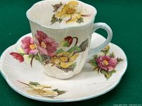 Front view of Shelley Begonia tea cup and saucer showing floral decoration