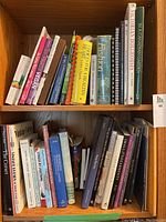 Two wooden shelves filled with books related to fashion, costumes, health, and gardening.
