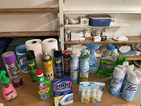 Front view of assorted cleaning and pest control supplies on table, including Lysol, Febreze, Raid, Liquid Plumber, OxiClean, and tissue rolls.