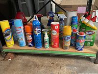 Wide shot of assorted cleaning sprays and powders on a shelf including Shout, Clorox, Febreze, Chem-Dry, and others.