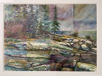 Close-up view of watercolor composition showing rocky shoreline, trees, grasses and block-patterned background.