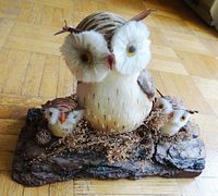 Front view of the vintage owl figurine set showing mother owl with two young owls on natural wood base with dried plants.