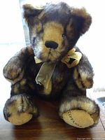 Full front view showing overall shape, fur pattern and ribbon