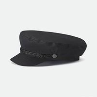 Side angle photo of the black Brixton fisherman’s cap showing braided cord and buttons with logo, flat crown, and short visor.