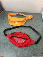 Two Adidas fanny packs displayed on a surface, showing their overall shape, color, and condition.