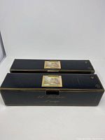 Two unopened black boxes labeled '14" Picture Lamp' with decorative framed art image, packaging for two gold tone picture lamps.