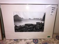 Framed signed black and white photograph showing a rocky wall with trees and fog in the background, on patterned carpet.