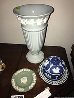 Full set of three Wedgwood pieces: vase, lidded bowl, and ashtray
