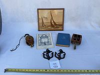 Overall lot showing marquetry art, two pulleys, books, anchor hooks