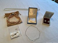 All jewelry items arranged including pearl necklaces, crystal choker, lapel pins, and scarf pin in boxes and pouch