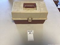 Closed plastic tackle box used to contain the fishing lures.