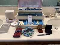 Overview photo showing Buxton jewelry box open with earrings and brooches inside, jewelry cleaner, travel bags and small boxes on bathroom counter