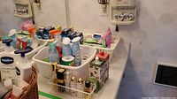 Personal care products including lotions, spray bottles, perfume bottles organized in plastic containers.