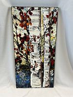 Full view of rectangular oil painting on canvas of birch trees with textured impasto