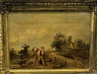 Full view of the oil painting and gilt frame showing the pastoral scene with two figures and landscape.