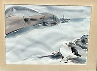 Close-up of the watercolour painting showing coastal bay with boats and seagulls, signed by artist L. Martin.