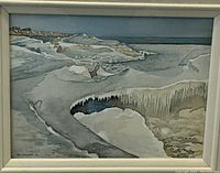 Frontal view of watercolour painting depicting icy winter coastal scene, signed by artist Roy Henry Wright in lower left corner.