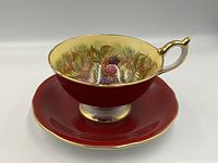 Aynsley teacup with burgundy exterior and detailed hand painted fruit design inside, placed on matching burgundy saucer.