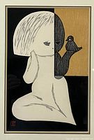 Close-up of print showing stylized girl and bird design