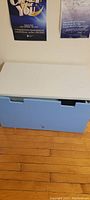 Large toy drawer/bench storage with white lid and blue base closed
