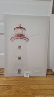 Canvas picture of the lighthouse with red and white colors and birds flying.