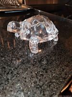 Front and side view of clear turtle figurine showing detail on head, shell, and legs.