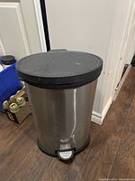 Front angled view showing stainless steel body, black lid, and foot pedal at base