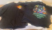 Photo of two black Disneyland Halloween tops laid flat: left a glittered spirit jersey, right a 2014 Halloween t-shirt with colorful front print
