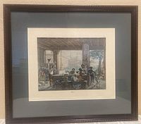 Full view of framed Italian antique print "Osteria" showing scene of people dining under columns