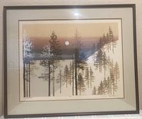 Framed lithograph of snow-covered trees and moon, Virgil Thrasher signed