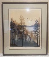 Frontal photo of the framed lithograph showing the landscape artwork with trees, hills, lake and birds. Beige, gray, and black color tones. Visible pencil signing and numbering on lower right.